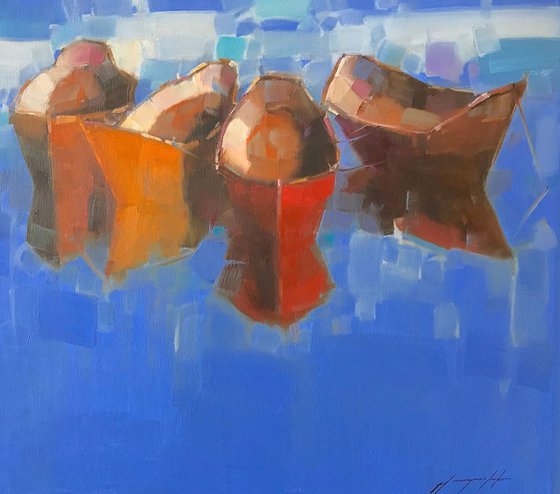 Rowboats Original oil painting, Handmade artwork, One of a kind