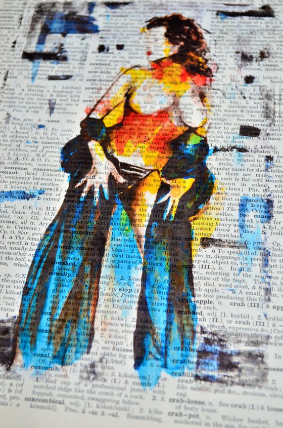 Nude 4 - Feel The Power - Collage Art on Large Real English Dictionary Vintage Book Page