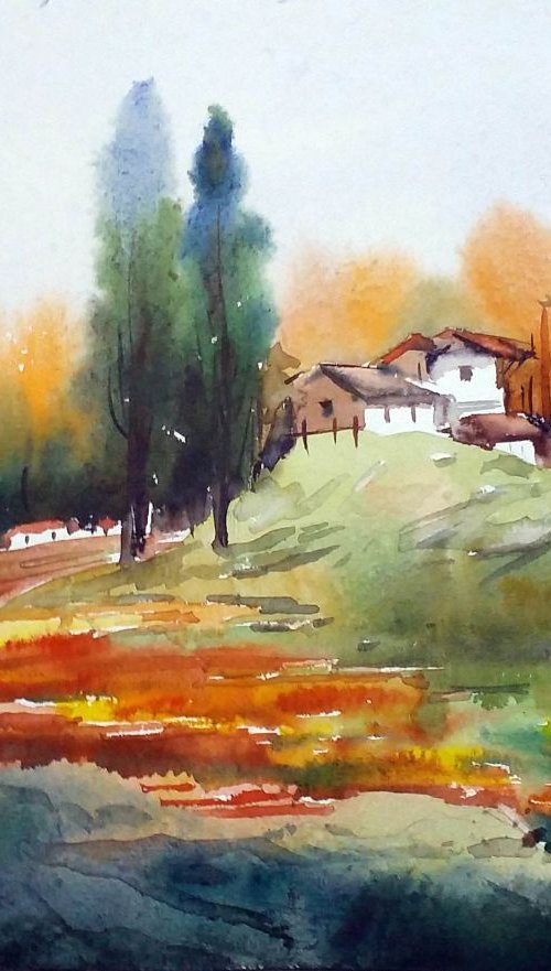 Autumn Mountain Village & Flowers Garden - Watercolor on Paper by Samiran Sarkar