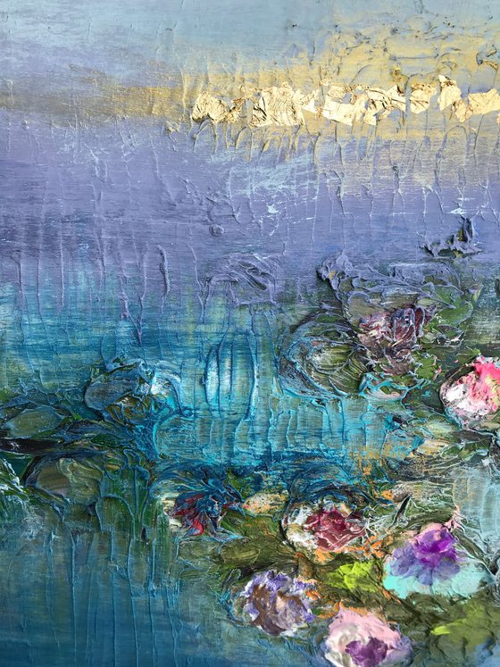 Water lilies 2 abstract impressionistic floral soft blue and purple hues with gold leaf