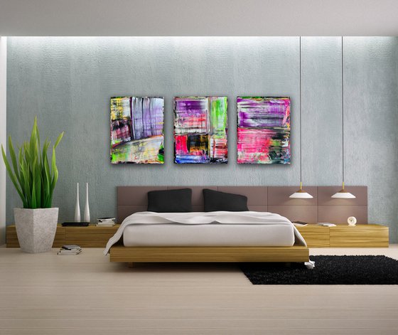 "Painting The Town" - Original PMS Abstract Acrylic Painting Triptych On Canvas - 72" x 30"