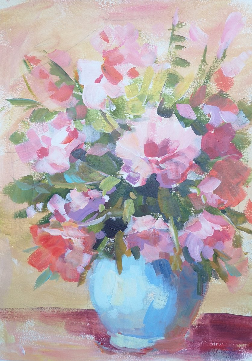 Impressionistic Botanical Acrylic Painting By Alexander Koltakov, 11 X 15, Summer Flowers, Original Artwork