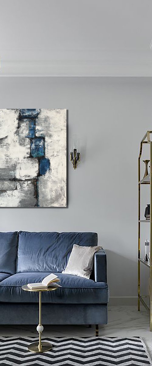 White and blue abstraction. White brick wall art. by Marina Skromova