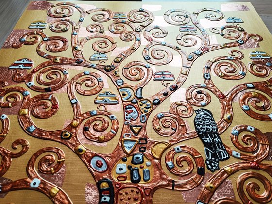 Tree of life Gustav Klimt. Relief golden bronze 3 pieces horizontal large painting