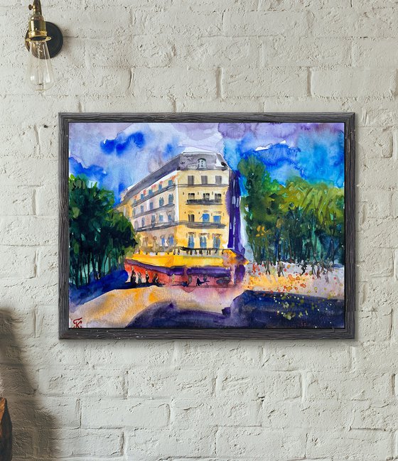 Paris Watercolor Painting, French Cafe Original Artwork, France Street Scene Picture, European Cityscape Art