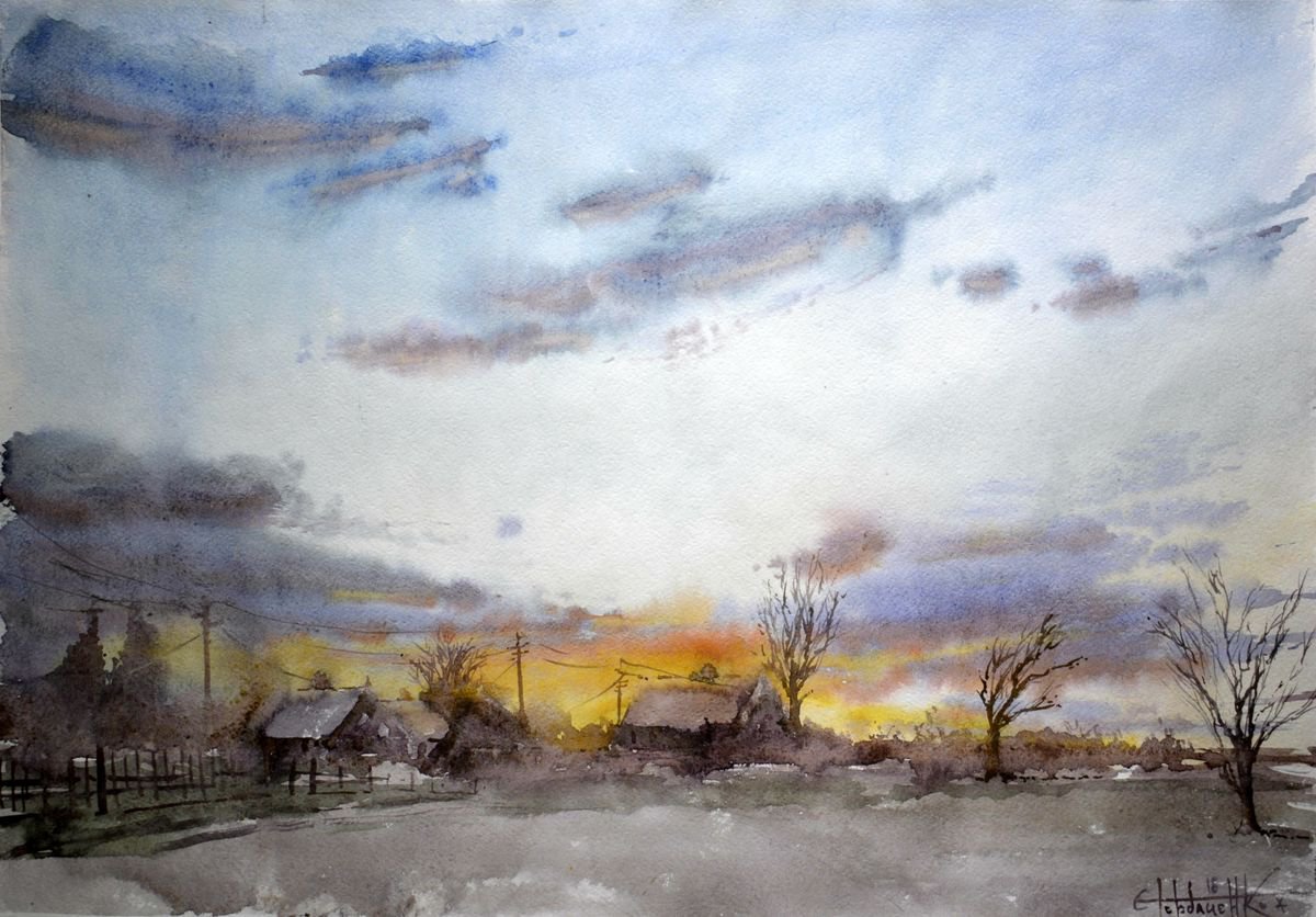 Impressionistic Landscape Watercolour By Eugene Gorbachenko, 24 X 17, House In The Village, Original Artwork