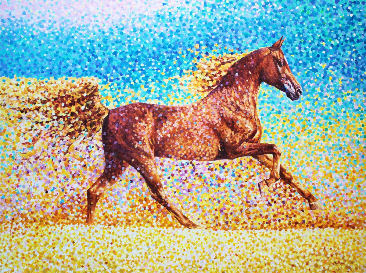 Impressionistic Animal Oil Painting By Andrei Sitsko, 63 X 47, Golden Sand Ii. Horse Series, Original Artwork