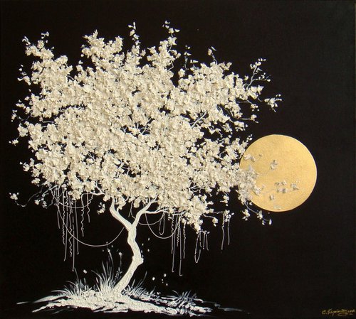 35.5” Blooming White Tree / Large Mixed Media Painting by Irini Karpikioti