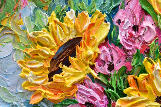 Sunflower Bouquet - Original Floral Painting on Canvas, Palette Knife Art, Textured Impasto Artwork