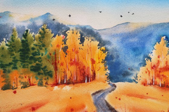 Colorful autumn landscape. The road to the mountains. Original watercolor artwork.