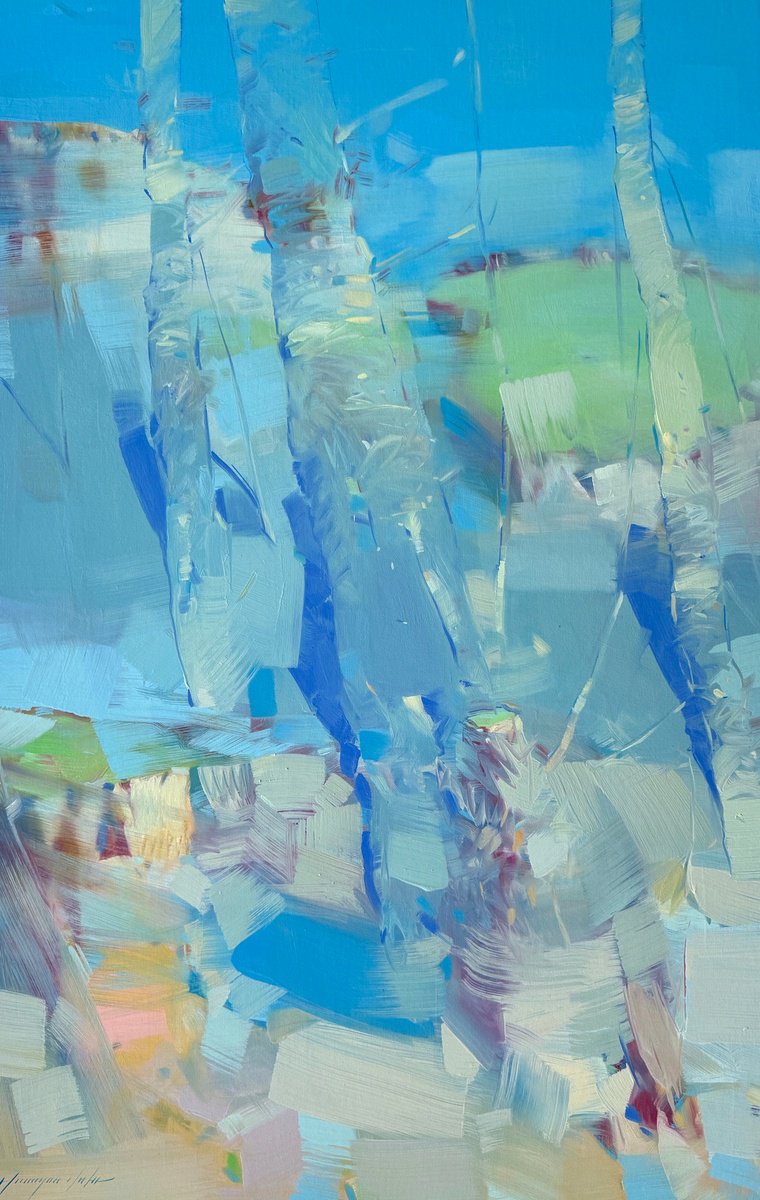 Impressionistic Landscape Oil Painting By Vahe Yeremyan, 28 X 44", Blue Grove, Original Artwork