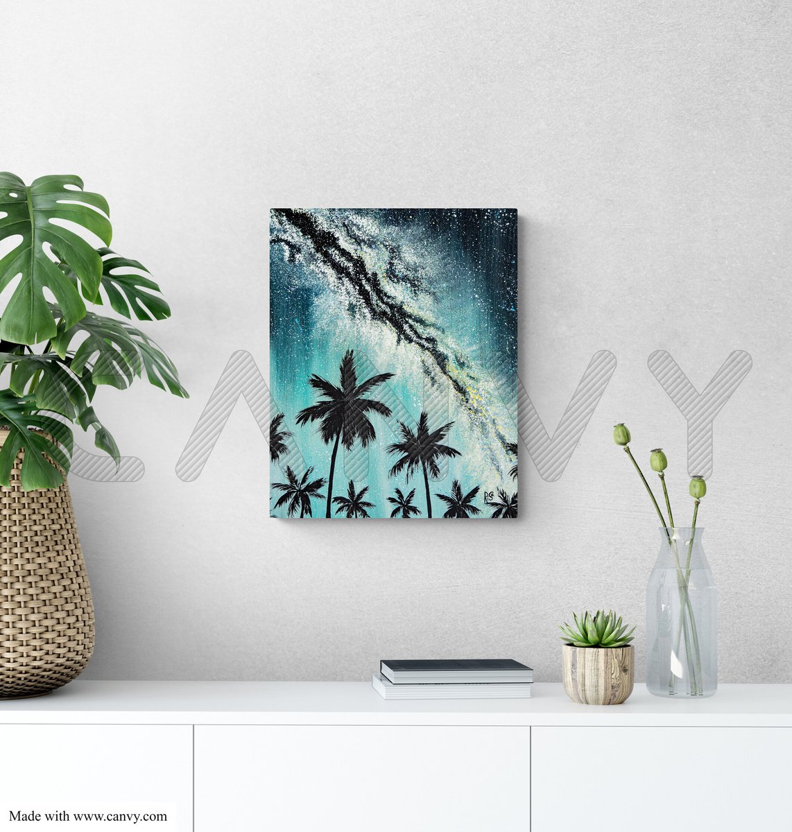 GREEN LIGHTS - summer night landscape, palm trees brunches, milky way, emerald green by Rimma Savina
