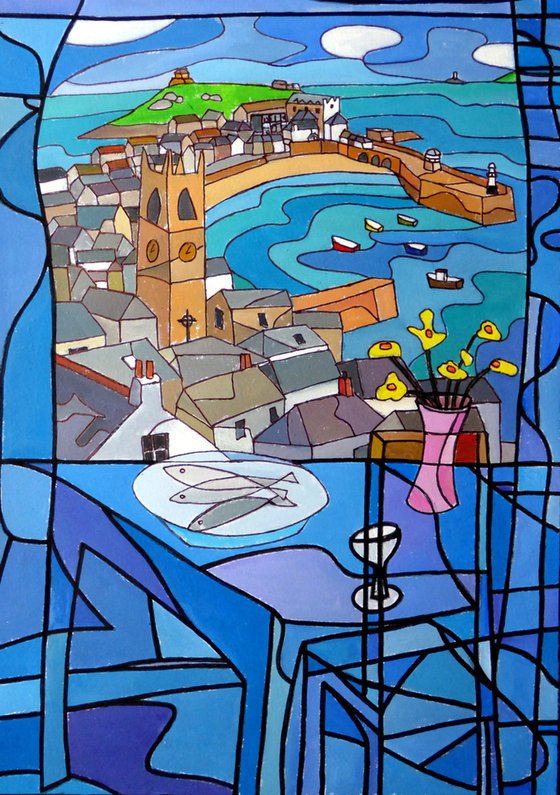"Fresh fish and flowers with harbour view, St Ives"