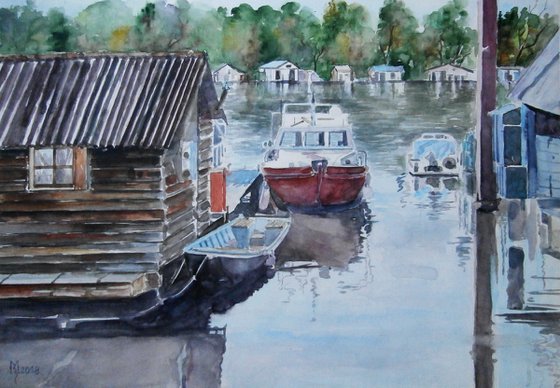 BOATS ON THE RIVER / 43 x 30.5 cm