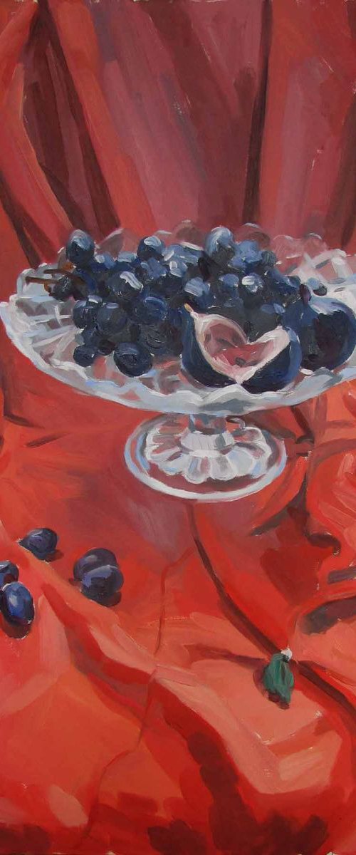 Grapes and figs on red by Kateryna Bortsova