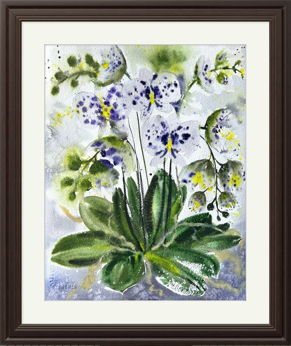Impressionistic Botanical Watercolour By Yuliia Sharapova, 11 X 14", White Orchid In A Pot, Original Artwork