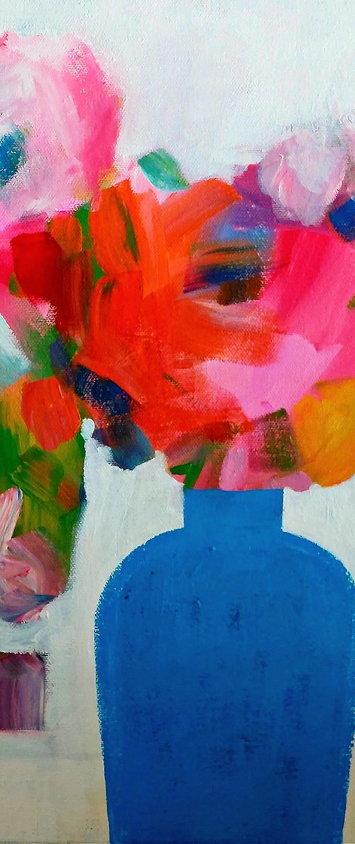 Summer Flowers in a Blue Vase by Jan Rippingham