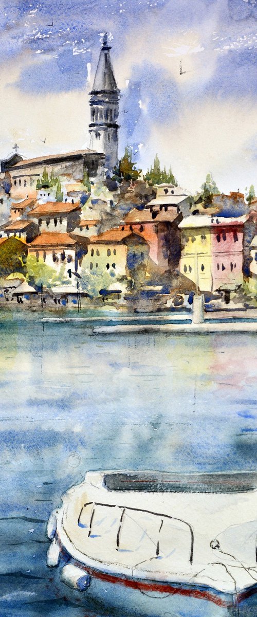 Old town skyline with boat Rovigno Croatia 25x36cm 2022 by Nenad Kojić watercolorist