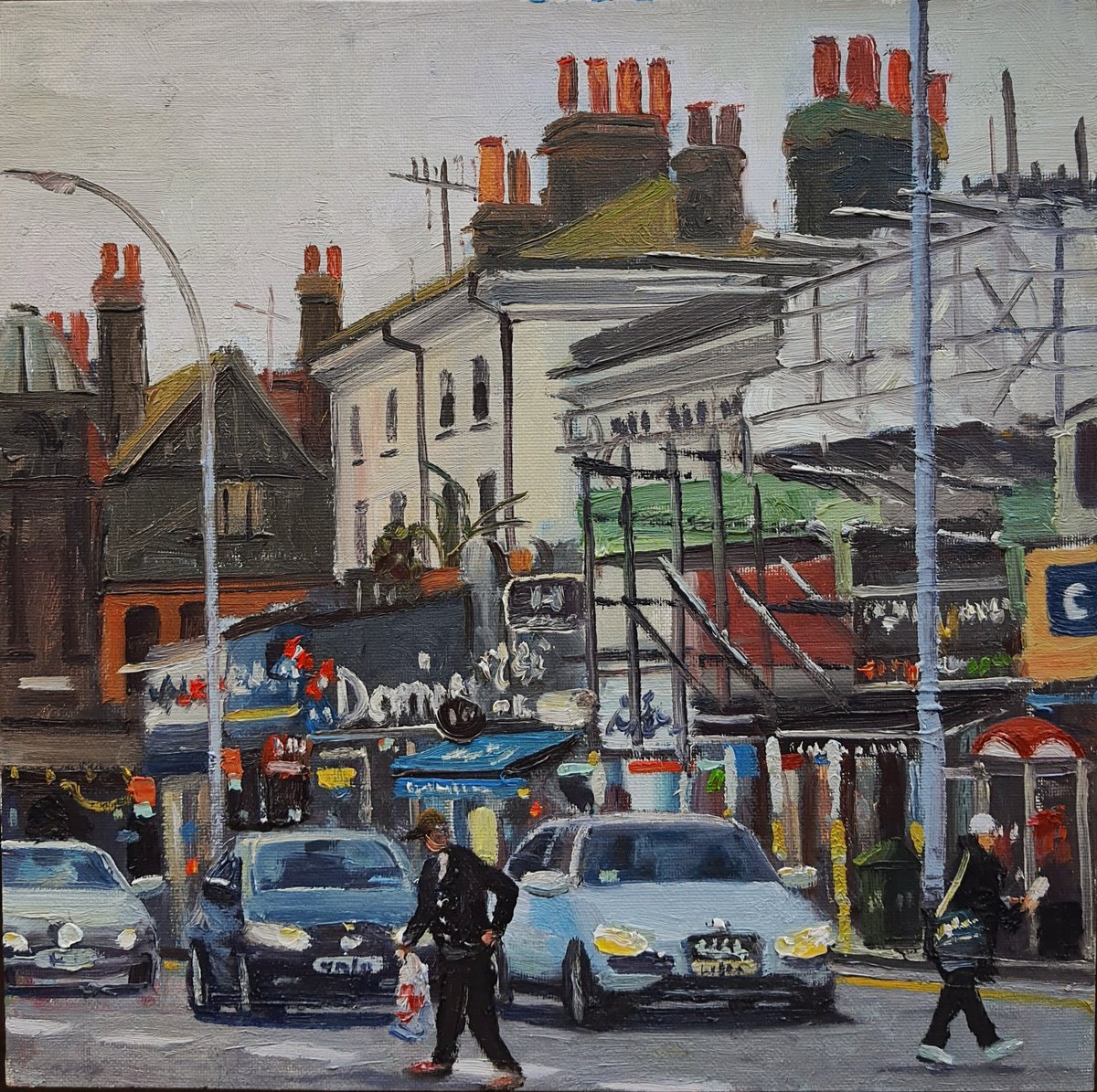 Impressionistic Cityscapes Oil Painting By Roberto Ponte, 12 X 12", Brighton, London Road, Original Artwork