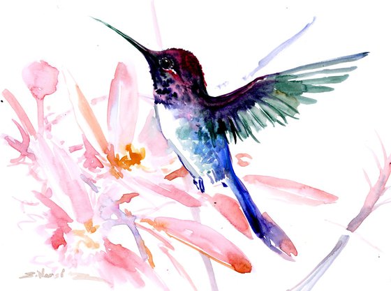 Flying Hummingbird and Flowers