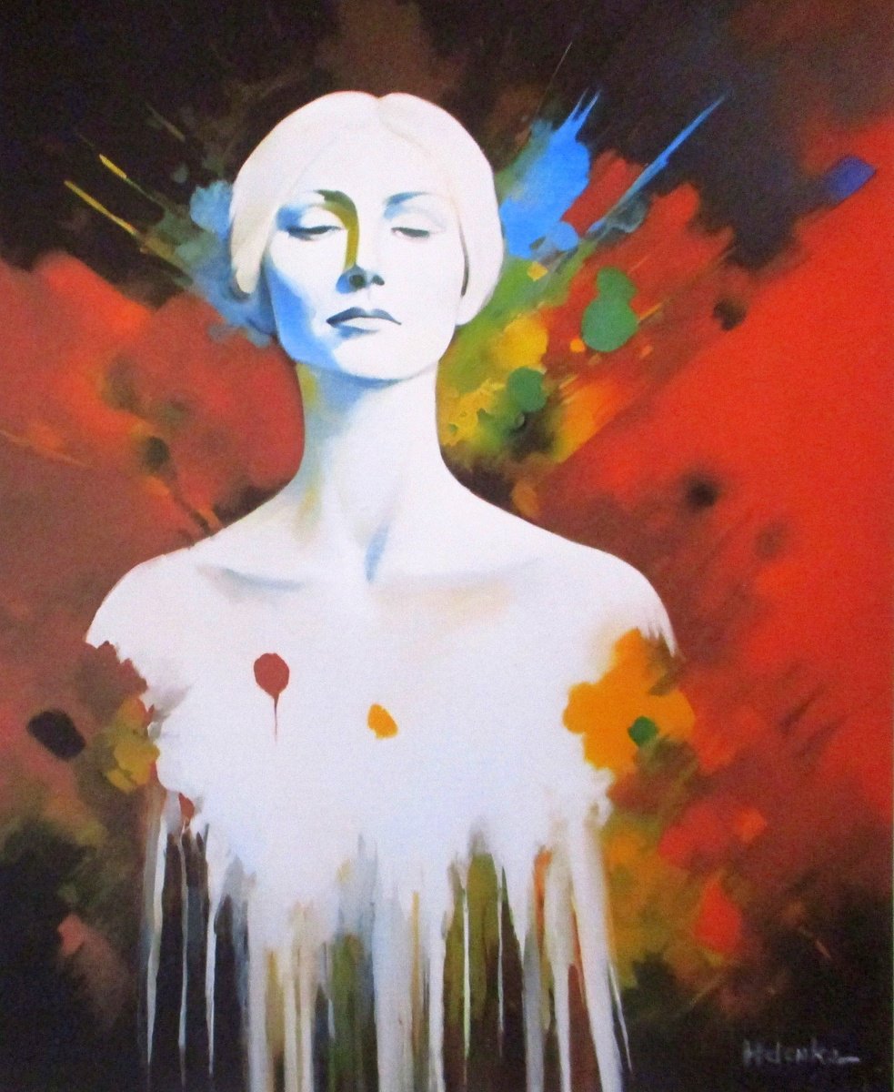 Expressive Portrait Acrylic Painting By Helena Wierzbicki, 21 X 26, Portrait In Dissolution, Original Artwork