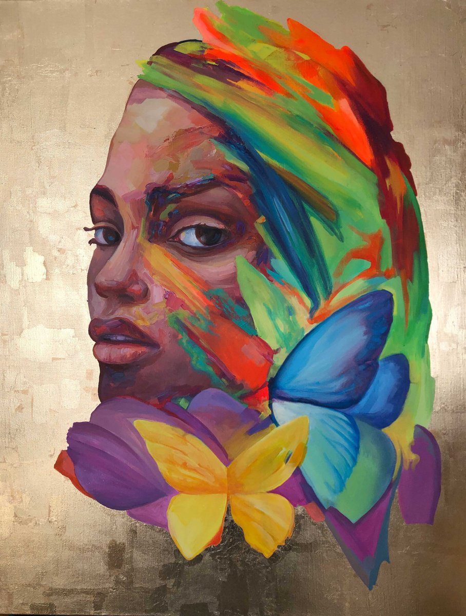 Impressionistic Abstract Acrylic Painting By Viacheslav Zaykin, 35 X 45", Golden Portrait | Mixed Media With Gold Leaf, Artfinder