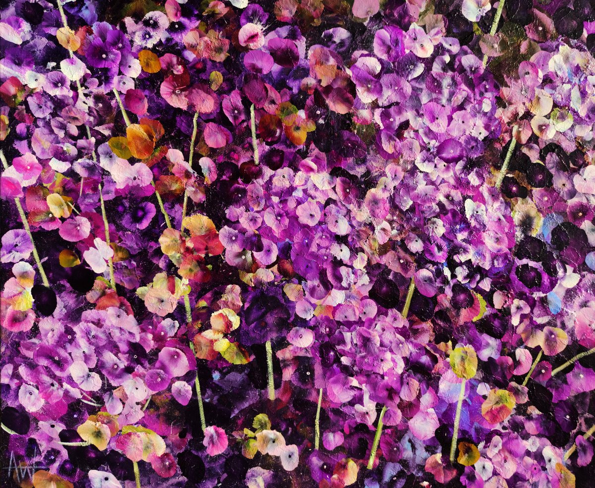 Abstract Botanical Acrylic Painting By Angie Wright, 47 X 39, Violet Rhapsody, Original Artwork