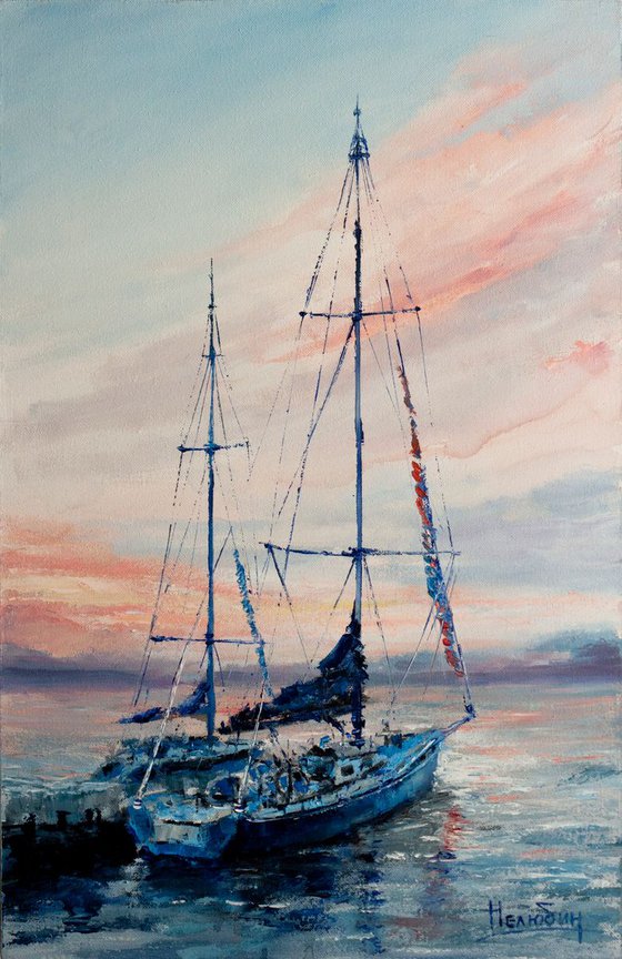 "Sailboats in the harbor" , sunrise at sea , ships , sky