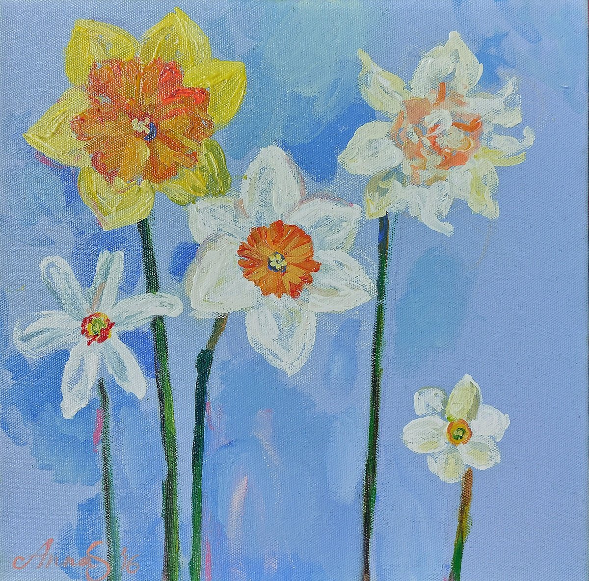Impressionistic Botanical Acrylic Painting By Anna Silabrama, 12 X 12, - ?Daffodils Ii - ?, Original Artwork