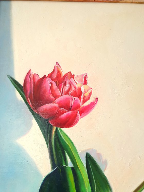 "In oriental style. "  still life summer  tulip bumblebee  white liGHt original painting  GIFT (2021)