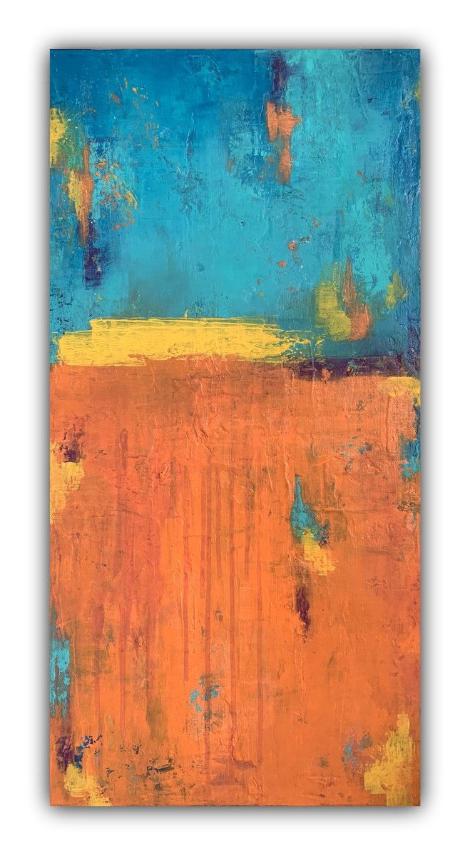 Geometric Abstract Acrylic Painting By Elizabeth Moran, 15 X 30, Golden Divide, Original Artwork