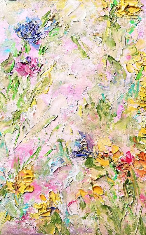 Positive Floral Painting Original Abstract Flower Meadow Canvas Art Expressive Impasto 8 by 12" by Katia Ricci
