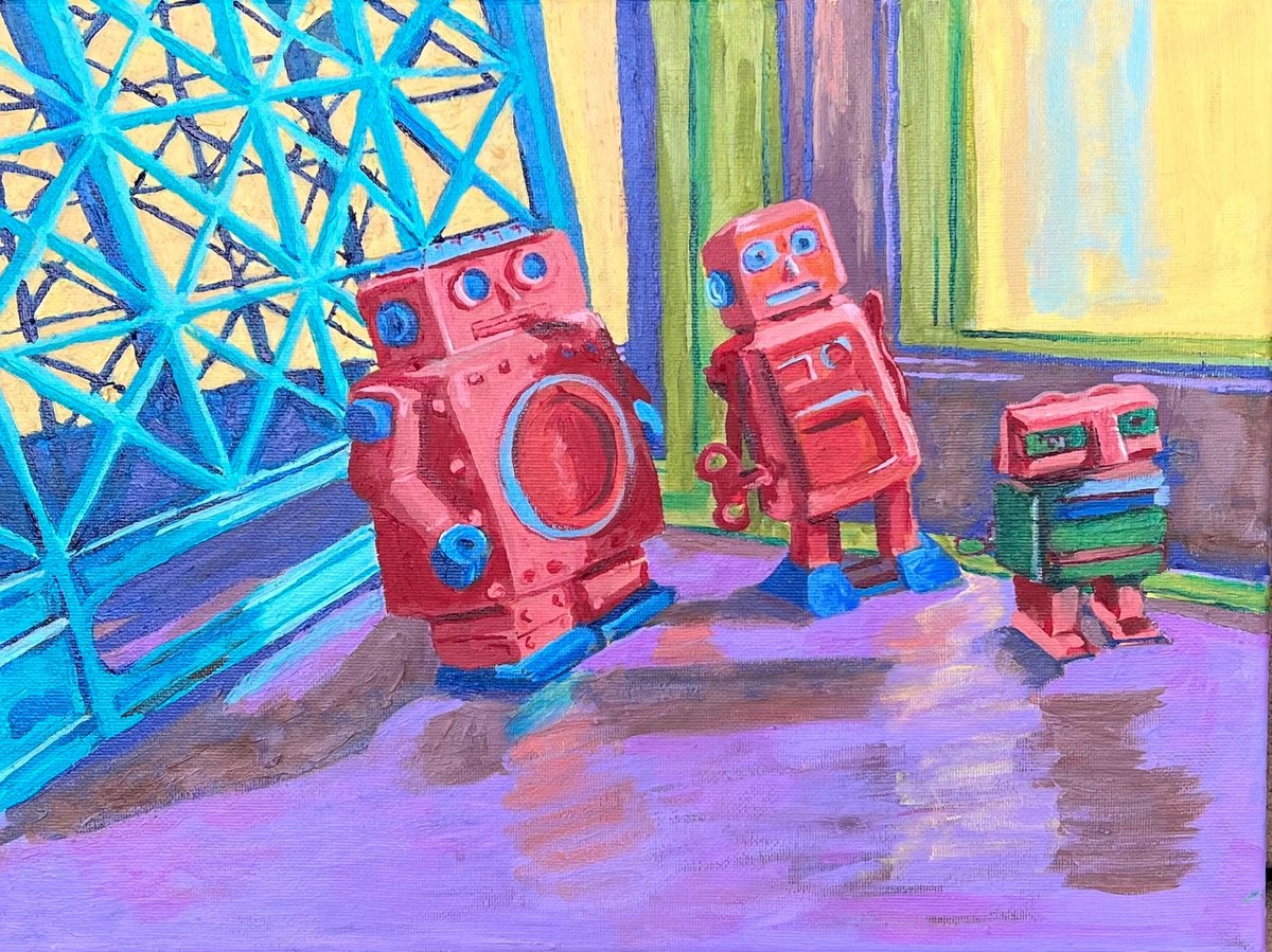 Still Life Acrylic Painting By Heather Kostal, 16 X 12, Three Robots In Crate, Original Artwork