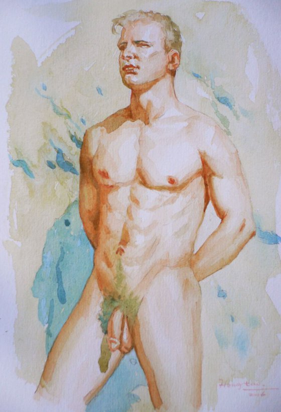 original watercolour painting art male nude man on paper #16-2-24-1