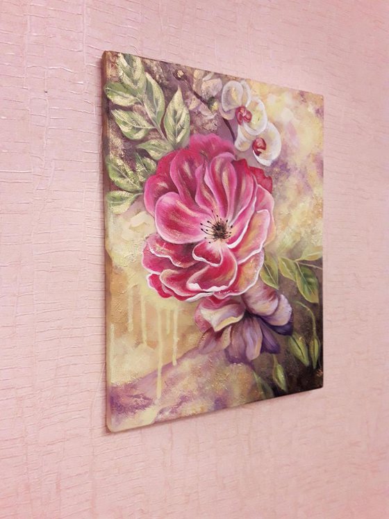 "Smell of rose", flowers painting, floral mixed media art, textured art