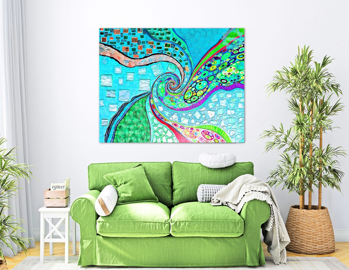 Large turquoise abstract painting. Vivid spiral abstract sea \ ocean wave. by BAST