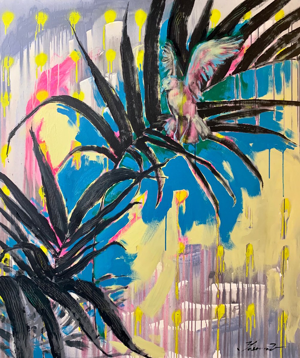 Bright painting - Flight over a palm tree - Pop Art - Palms - Bird - Summer - 110x95cm by Yaroslav Yasenev