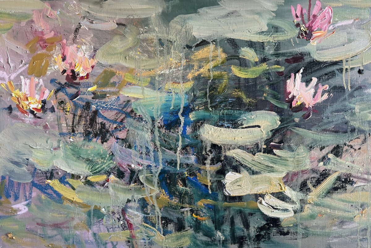 Expressive Landscape Oil Painting By Lilia Orlova-Holmes, 30 X 20", Water Lilies., Original Artwork