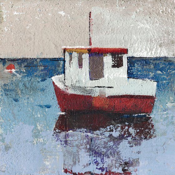 Red Boat 12x12" Acrylic, Oil and Gesso on Wood Panel by Bo Kravchenko