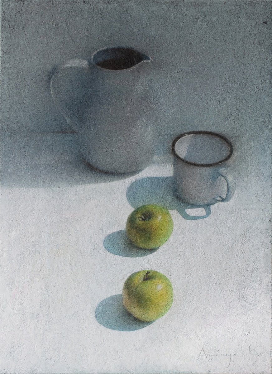 Impressionistic Still Life Acrylic Painting By Andrejs Ko, 16 X 22, The Mug, Jug And Two Apples, Original Artwork