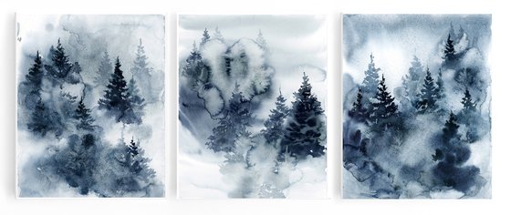 Pine trees forest in blue triptych Original watercolor painting