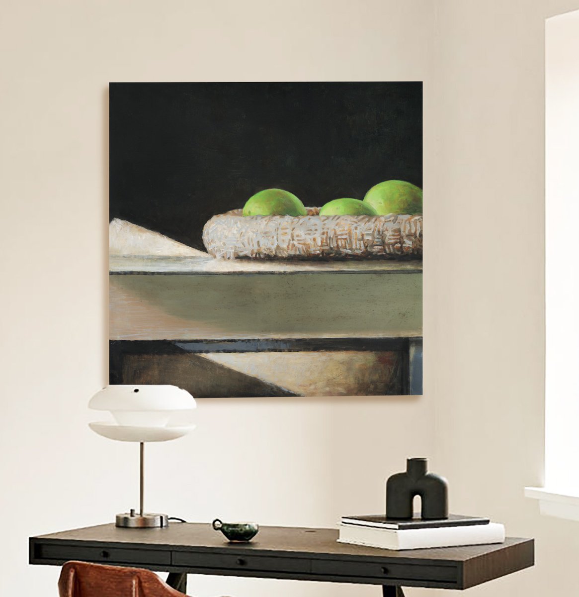 Impressionistic Still Life Oil Painting By Bo Kravchenko, 31 X 31, Three Green Apples Still Life, Original Artwork