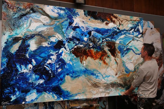 Drifting Grace 250cm x 150cm Blue White Abstract Art