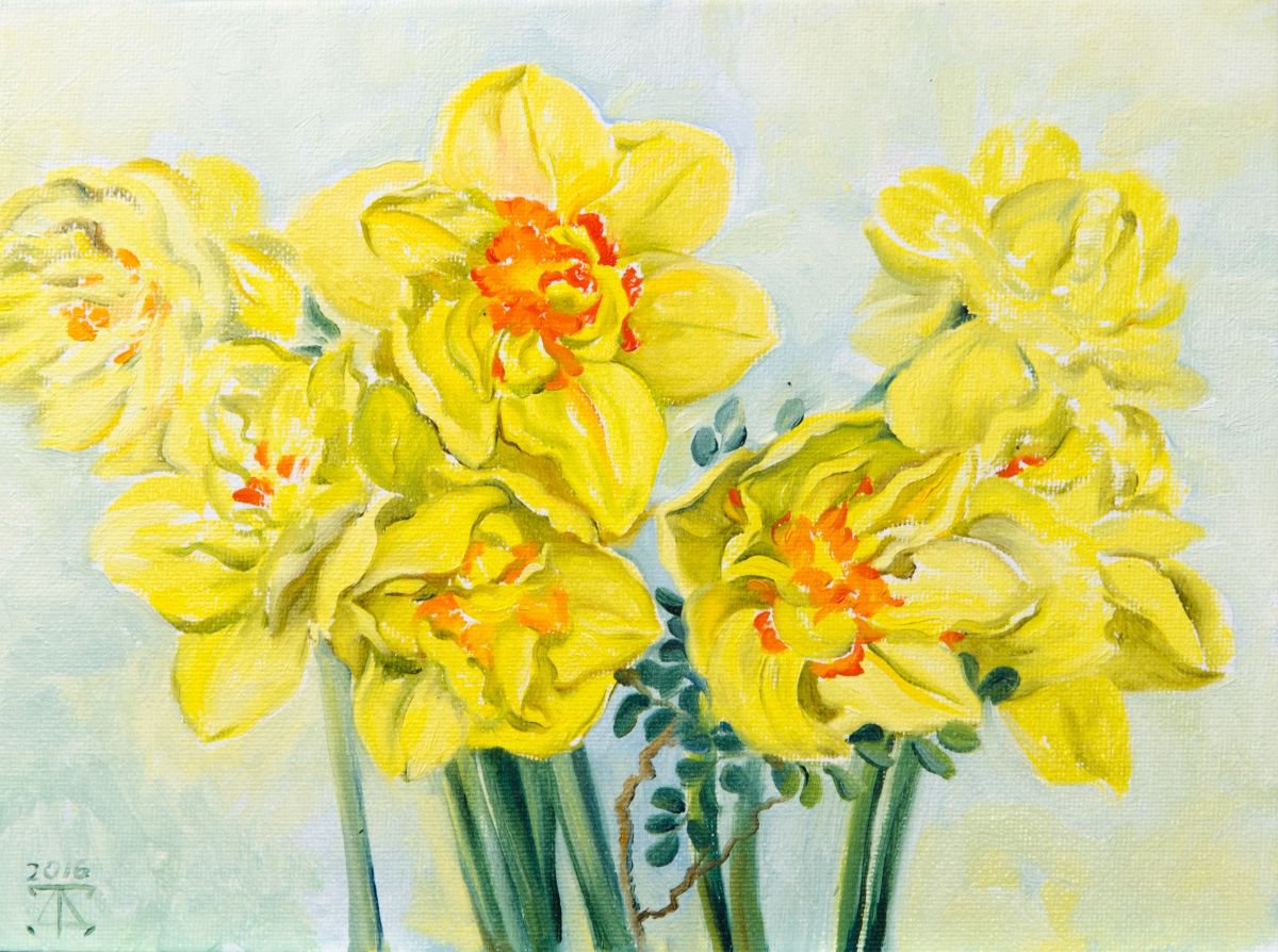 Impressionistic Botanical Oil Painting By Daria Galinski, 9 X 7, Narcissus With An Orange Core, Original Artwork
