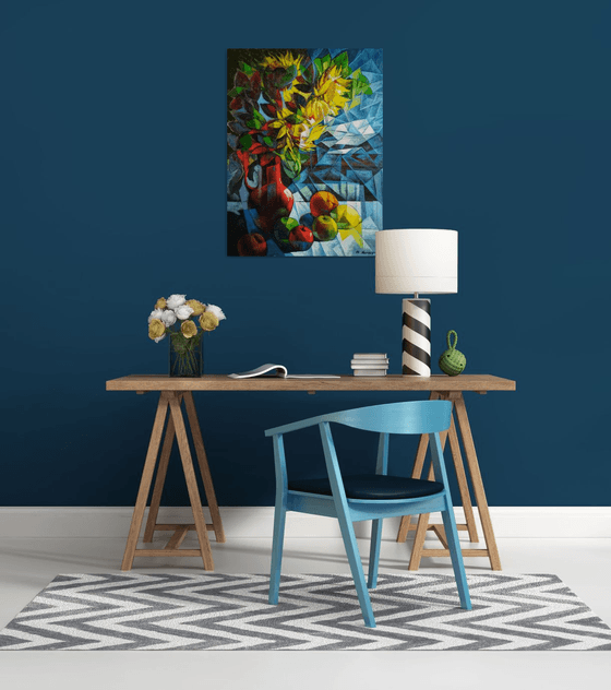 Still life with sunflowers (60x80cm, cubism, oil painting, ready to hang)