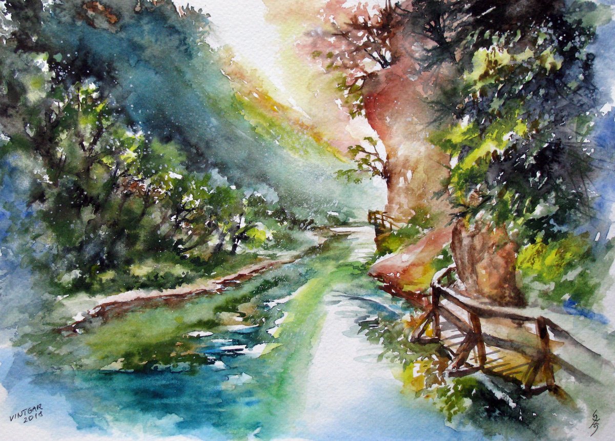 Impressionistic Landscape Watercolour By Szekelyhidi Zsolt, 13 X 9", Through The Vintgar Gorge, Original Artwork