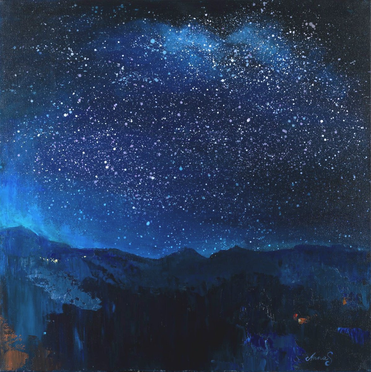 Expressive Landscape Acrylic Painting By Anna Silabrama, 24 X 24, Starry Serenade, Original Artwork