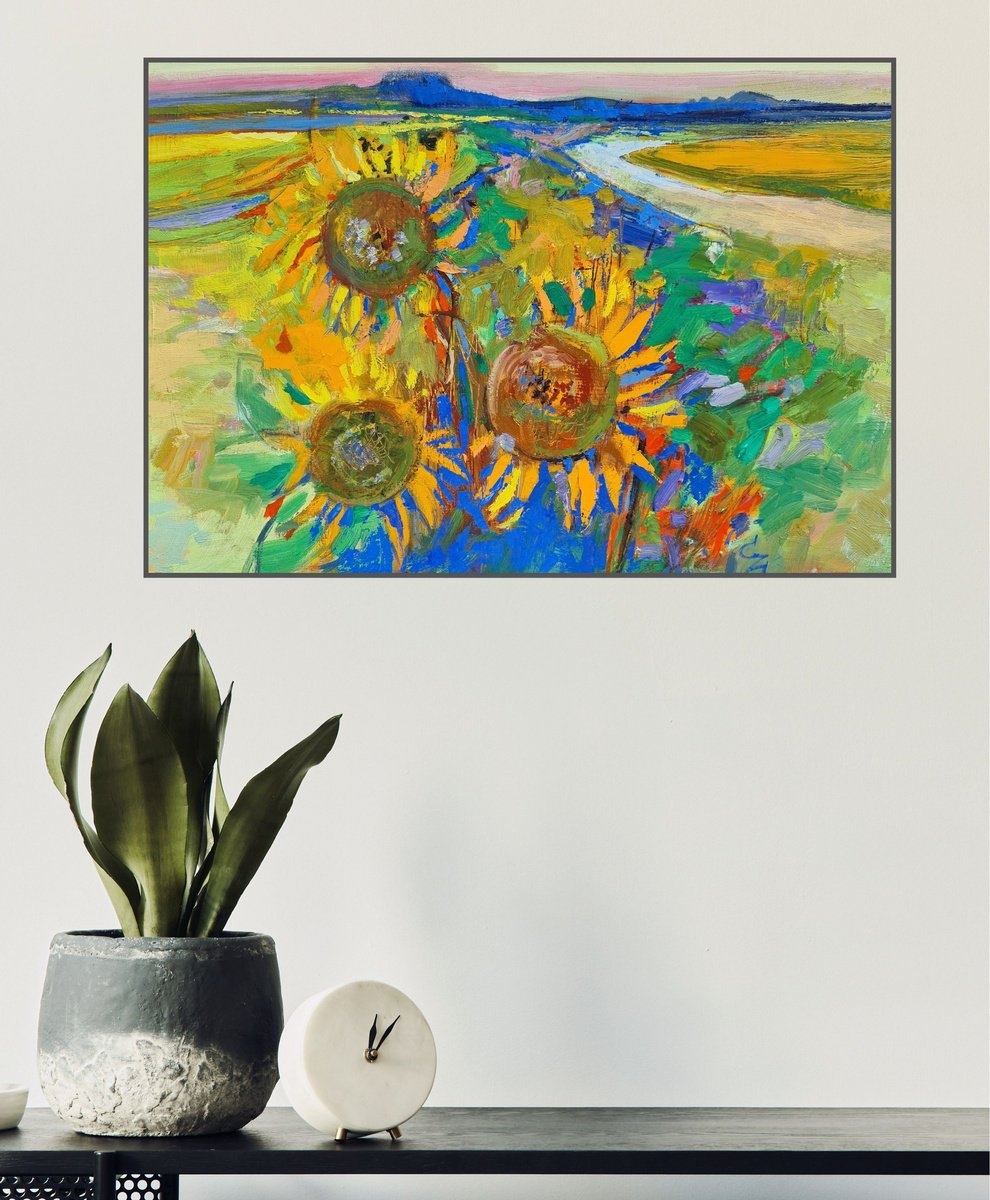 Expressive Landscape Oil Painting By Victoria Cozmolici, 28 X 20", Sunflowers, Original Artwork