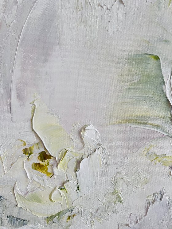 Yellow texture peony painting. White peonies art.