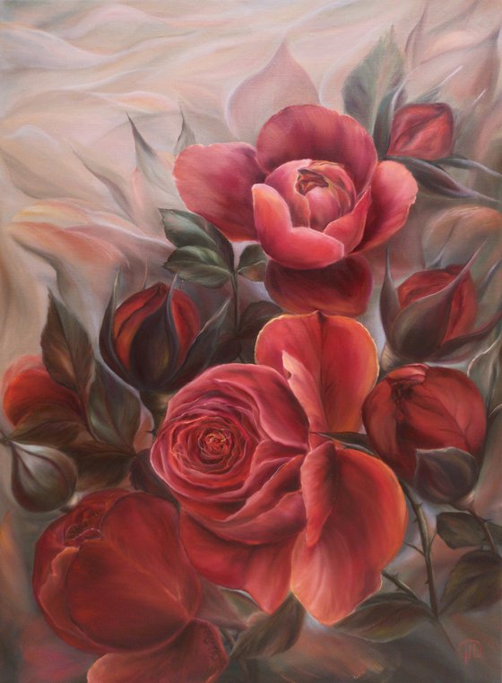 Embrace of terracotta roses, oil painting, original gift, home decor, Flowering, Spring, Leaves, Living Room, leaves,  flower picture